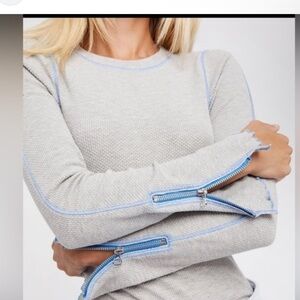 Free People Gray Long Sleeve Top with Blue Accents